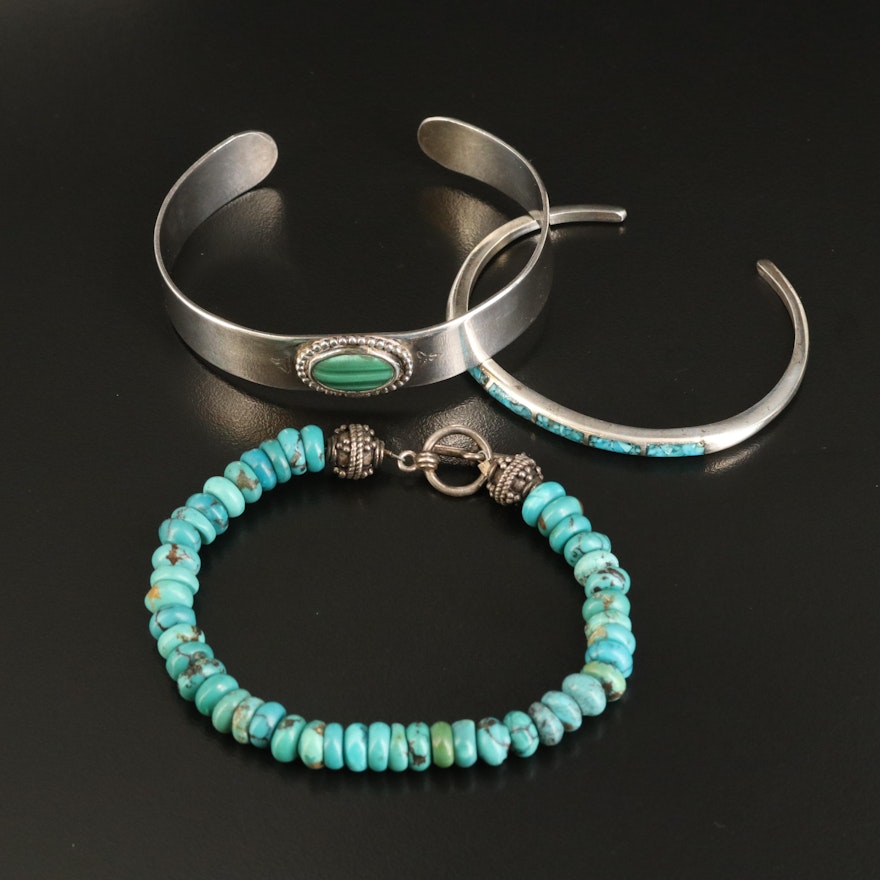 Sterling Cuffs and Bracelet Including Malachite and Turquoise