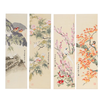 Chinese Embellished Watercolor Paintings of Birds and Flowers
