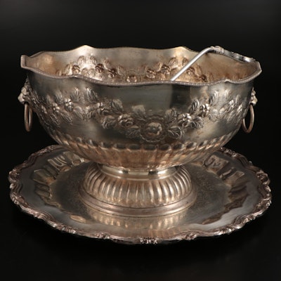 Roberts & Dore Silver Plate Lion's Head Punch Bowl with Under Plate and Ladle