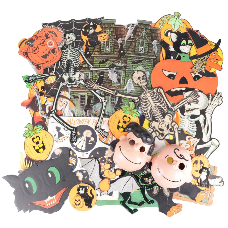 Halloween Décor Including Charlie Brown Masks and Hallmark Paper Hats