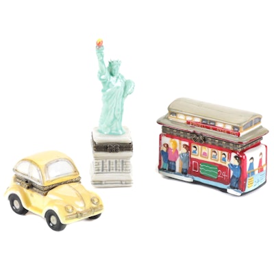 Hand-Painted Statue of Liberty, Taxi and Bus Shaped Porcelain Trinket Boxes
