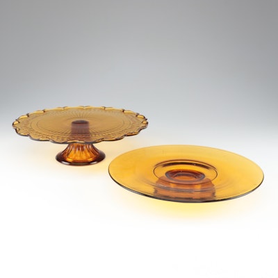 Amber Pressed Glass Footed Cake Stands, Mid to Late 20th Century