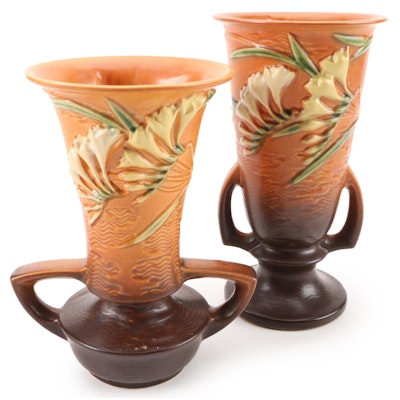 Roseville Pottery "Freesia" Tangerine Vases, Mid-20th Century