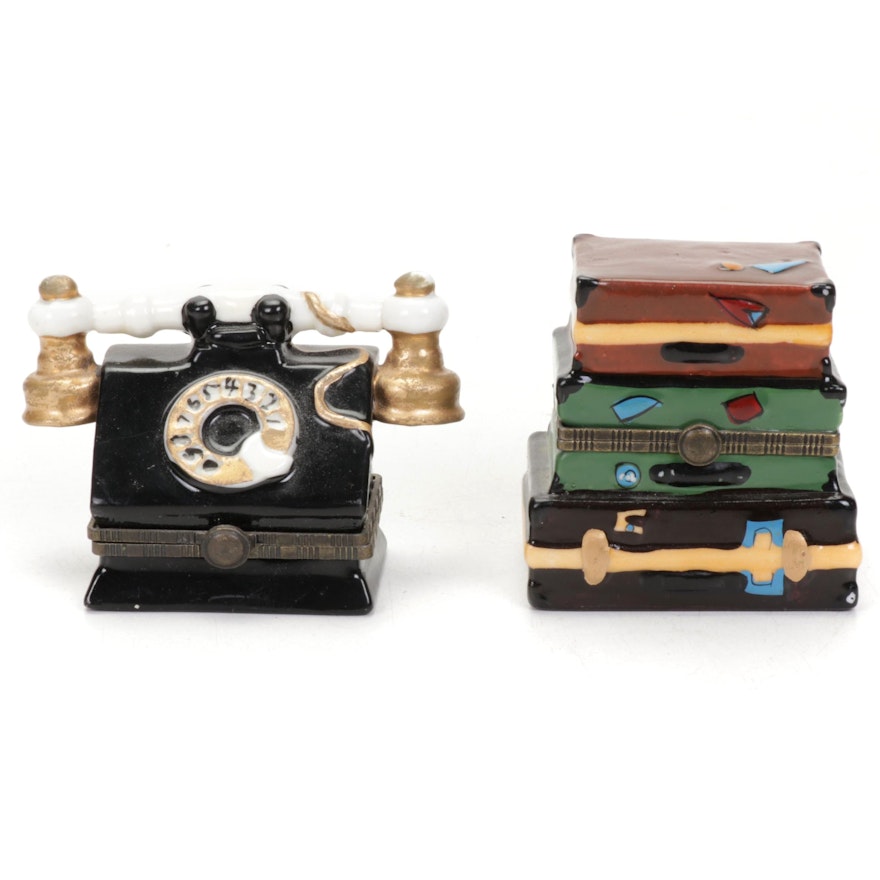 Hand-Painted Luggage and Rotary Phone Shaped Porcelain Trinket Boxes