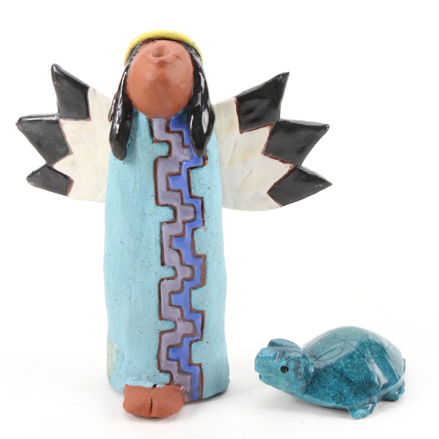 Harmony Kyle Glazed Ceramic and Dyed Stone Sculptures of Angel and Turtle