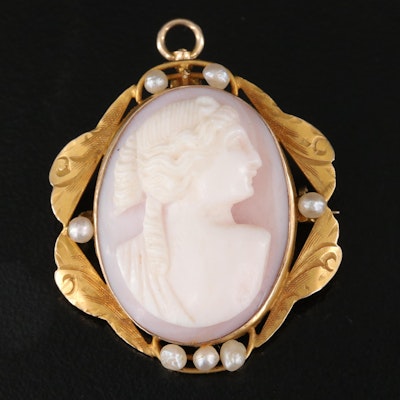 Antique 14K Shell and Seed Pearl Cameo Converter Brooch