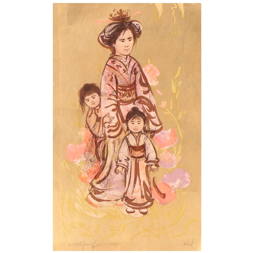 Edna Hibel Color Lithograph of Woman and Children