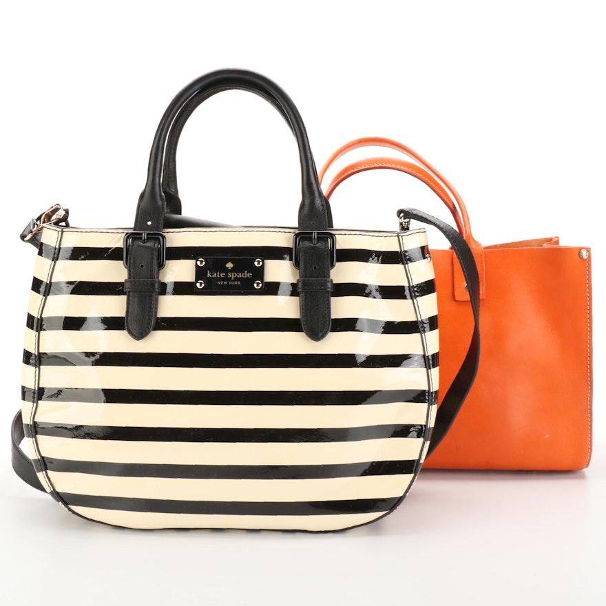 Kate Spade Two-Way Bag in Striped Patent Leather and Orange Leather Box Tote
