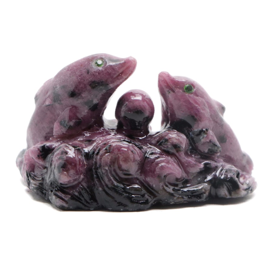 Hand-Carved Ruby in Zoisite Figure of Dolphins with Diopside Inlays