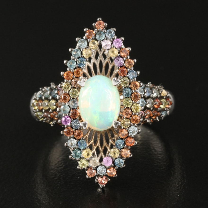 Sterling Opal and Sapphire Navette Openwork Ring