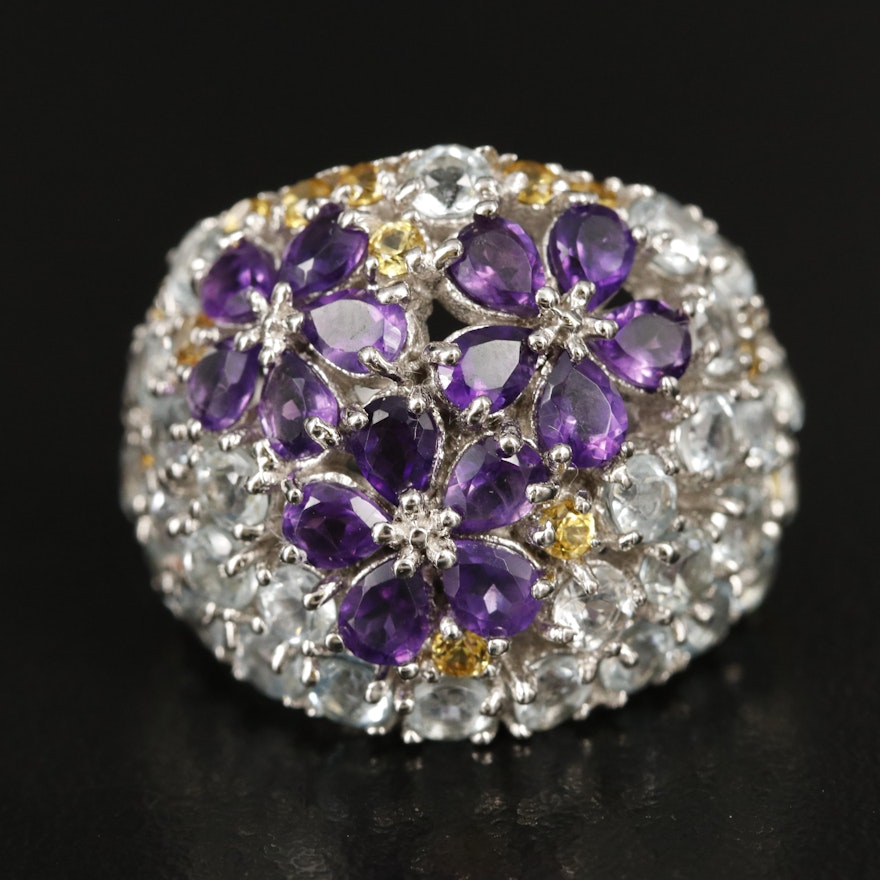 Sterling Aquamarine, Amethyst and Sapphire Floral Ring