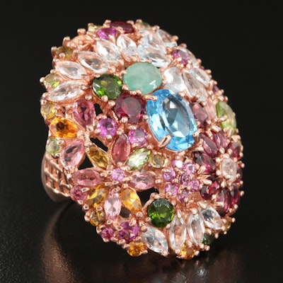 Sterling Rhodolite Garnet, Topaz and Emerald Floral Cluster Dome Ring