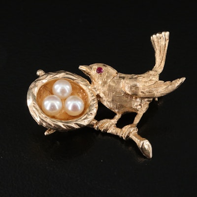Vintage 14K Pearl and Ruby Bird and Nest Brooch
