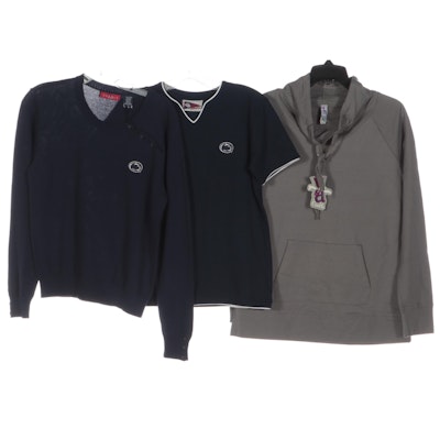 Penn State Navy Button-Neck Sweater, Navy V-Neck T-Shirt, and Grey Pullover