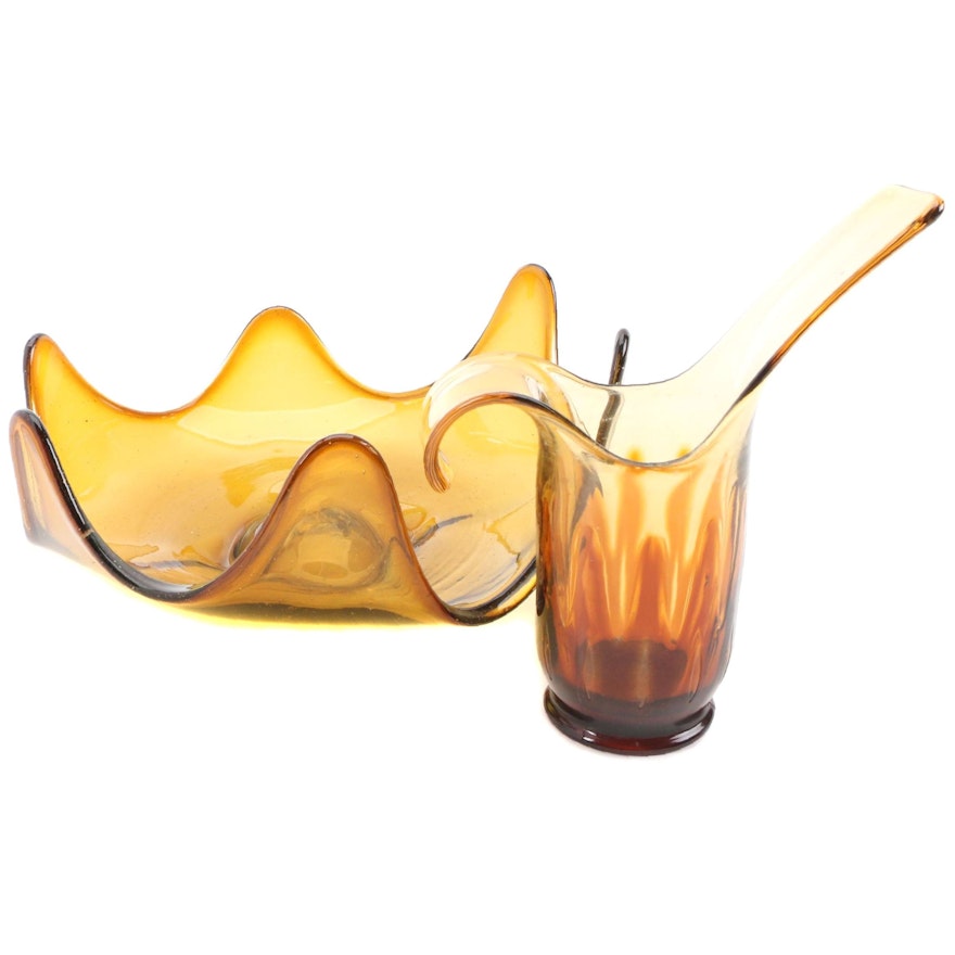 Handblown Freeform Amber Glass Bowl and Vase