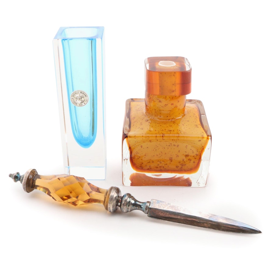 Bucella Cristalli Murano Glass Vase with Other Perfume Bottle and Paper Knife