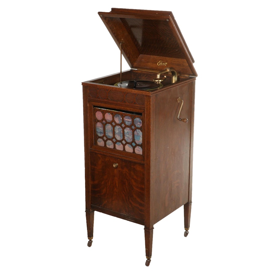 Edison Wind-Up Disc Phonograph Player and Oak Storage Cabinet, Early 20th C