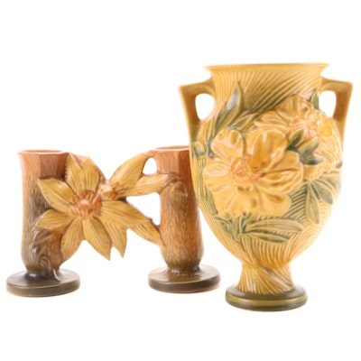 Roseville Pottery "Clematis" Double Bud Vase and "Peony" Amphora Vase