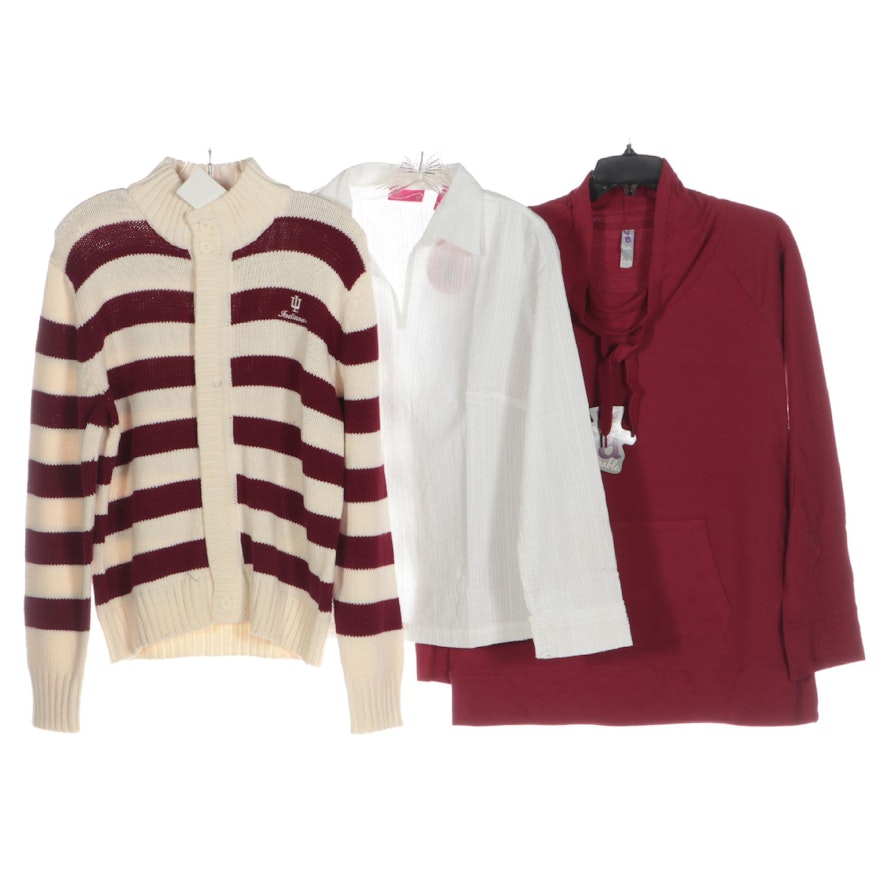 Indiana University Button-Front Sweater, White Blouse, and Red Pullover