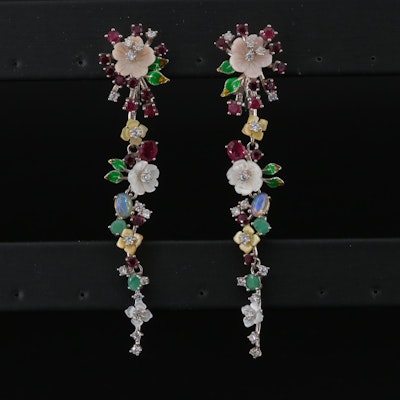Sterling Corundum, Emerald and Opal Flower Earrings