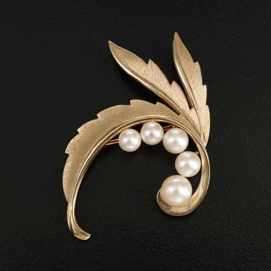 Mikimoto 14K Pearl Foliate Brooch