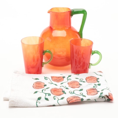 French Blown Glass Pitcher and Glasses with Pumpkin Themed Dish Towel