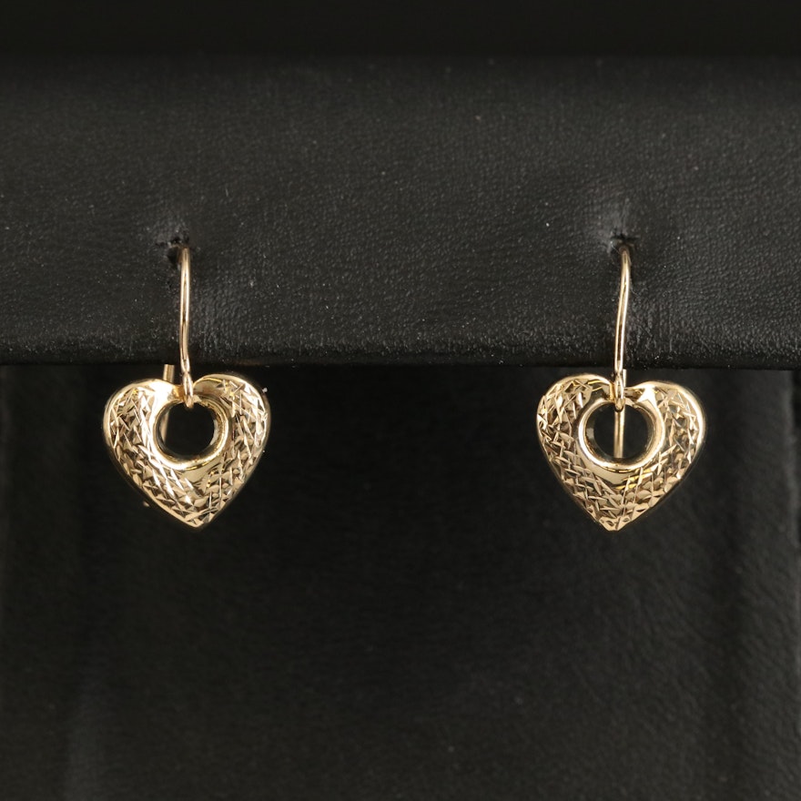 14K Puff Heart Earrings with Diamond Cut Finish
