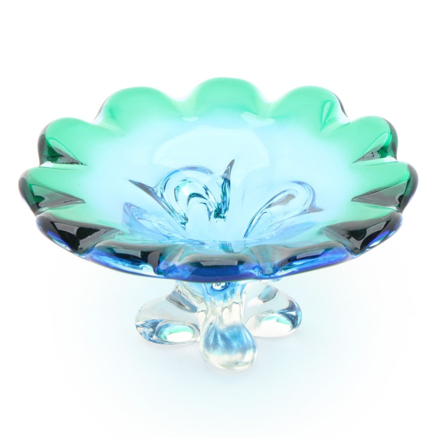 Murano Style Blown Blue and Green Scalloped and Footed Art Glass Bowl