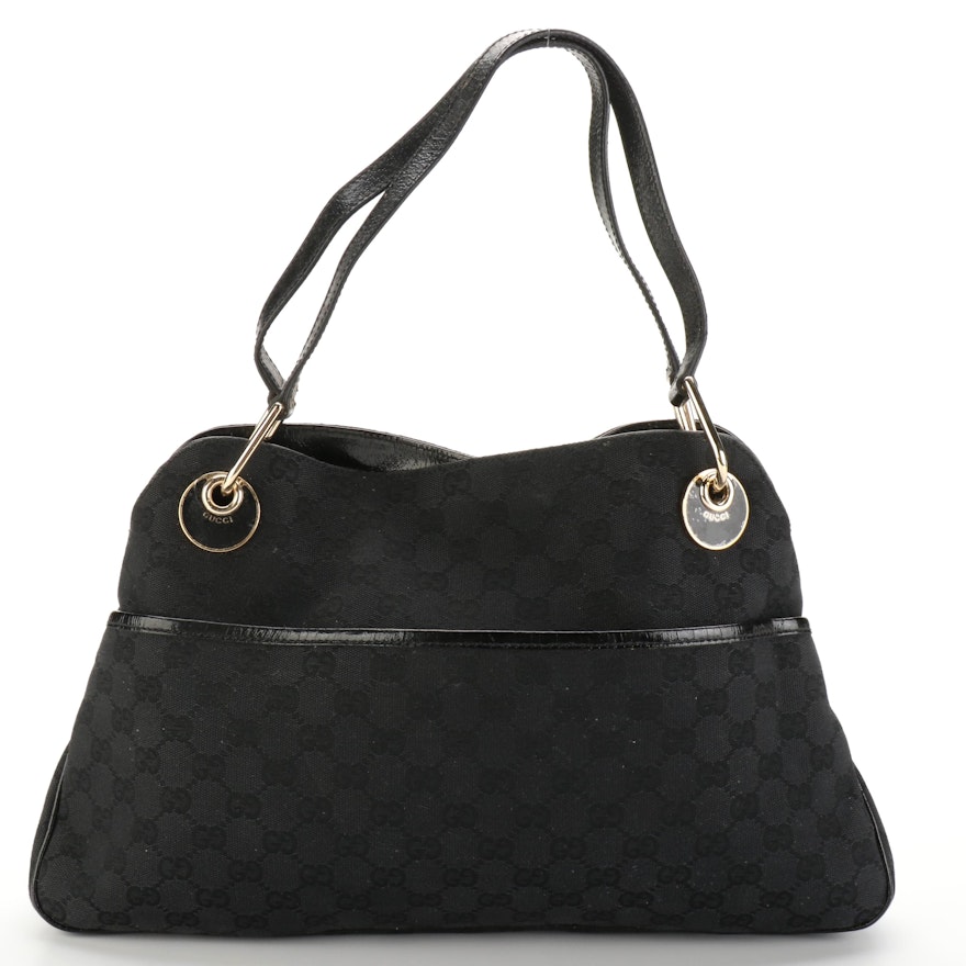 Gucci Shoulder Tote in Black GG Canvas and Leather Trim