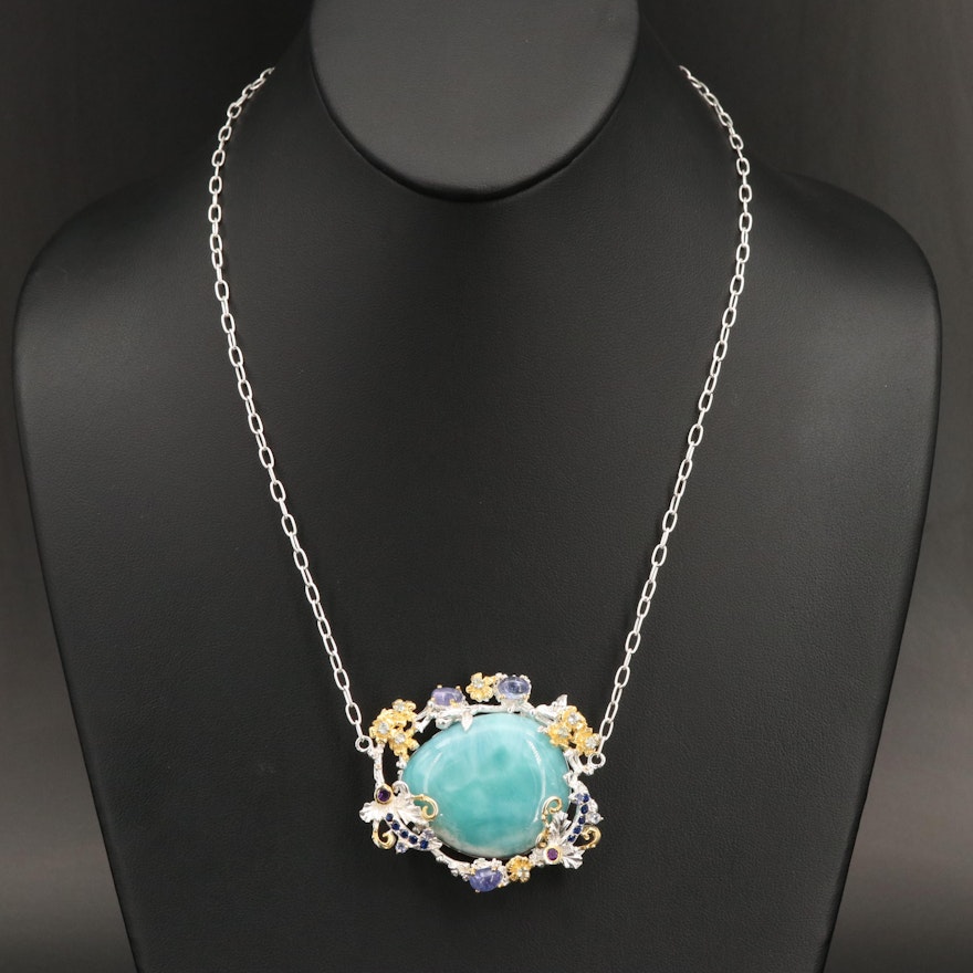 Sterling Floral Necklace Including Larimar, Tanzanite and Topaz