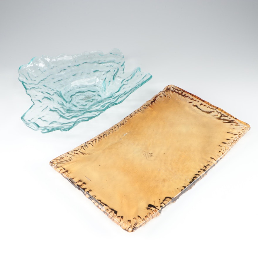 Marigold Amber Glass Tray with Franco Aqua Abstract Water Pattern Glass Bowl