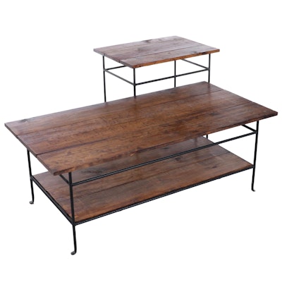 Custom-Made Contemporary Pine and Iron Side Table and Coffee Table