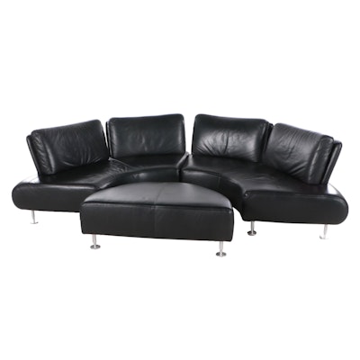 W. Schillig Modernist Style Black Leather Sectional Sofa with Ottoman