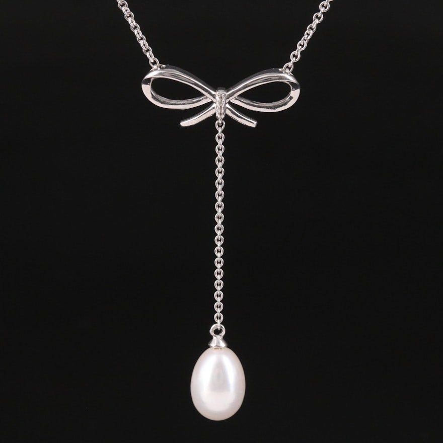Sterling Silver Pearl and Sapphire Bow Drop Lariat Necklace