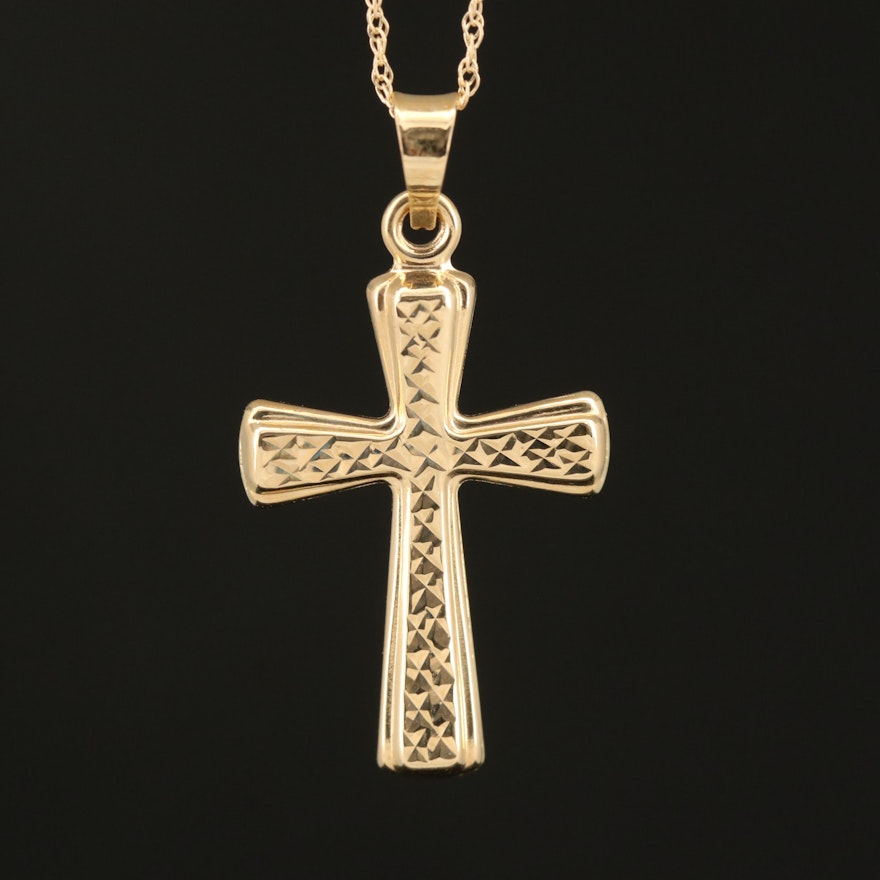 14K Diamond Cut Cross Pendant Necklace