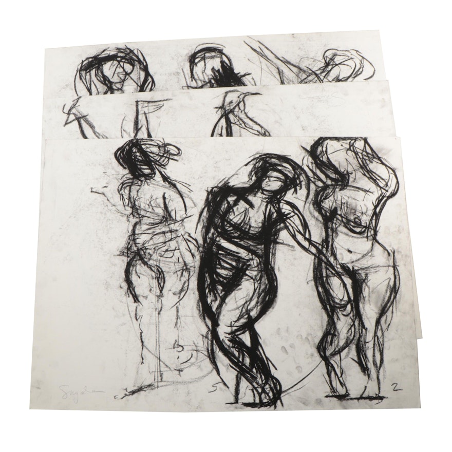 Richard Snyder Double-Sided Figural Charcoal Drawings, Late 20th Century