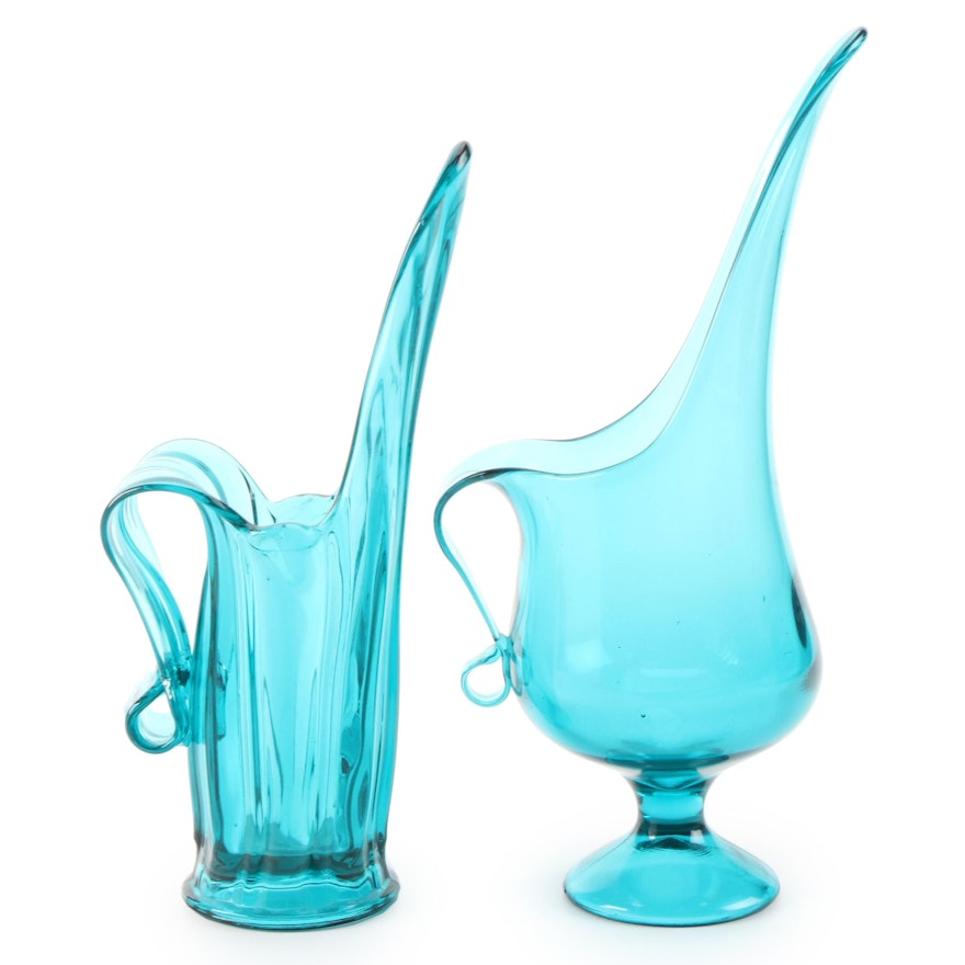Teal Blue Handled Freeform Glass Vases, Mid to Late 20th Century