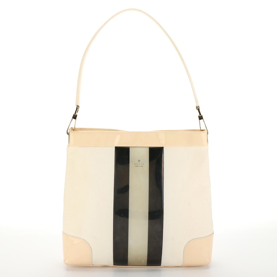 Gucci Slim Shoulder Bag in Canvas and Patent Leather with Vertical Stripes