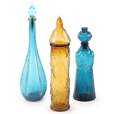 Empoli and Empoli Style Blue and Amber Glass Decanters and Lidded Vessel