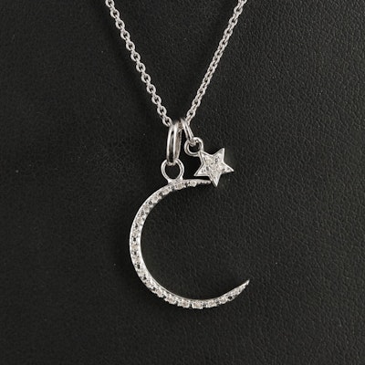 Sterling Diamond Crescent Moon and Star Pendant Necklace