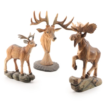Hand-Carved Wood Moose, Stag and Reindeer Figurines, Mid to Late 20th Century