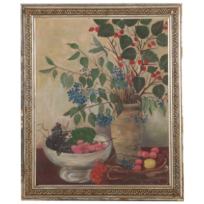 Frances Tarr Oil Painting of Fruit Bowl and Vase, Early to Mid-20th Century