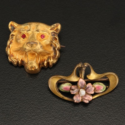 Art Nouveau Watch Pin and Plainville Stock Co Tiger Pin