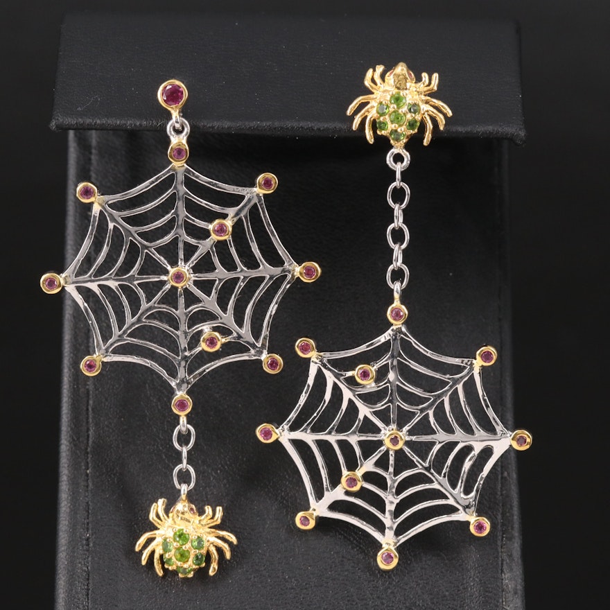 Sterling Garnet and Diopside Spider and Web Drop Earrings