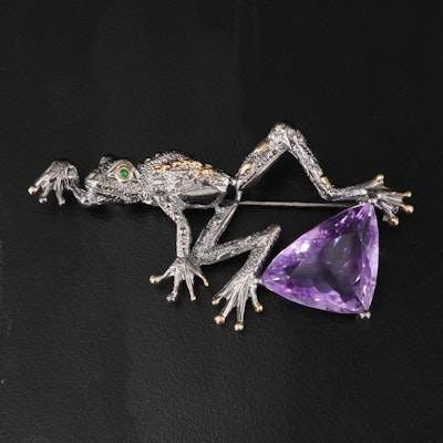 Sterling Amethyst and Diopside Frog Brooch