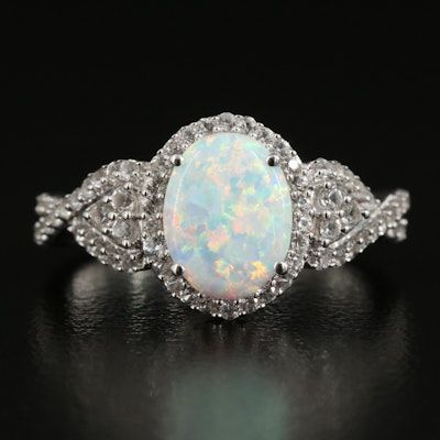 Sterling Opal and Sapphire Halo Ring