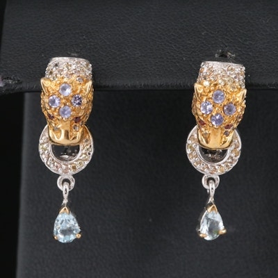 Sterling Sapphire, Tanzanite and Garnet Door Knocker Style Drop Earrings