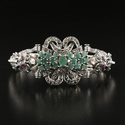 Sterling Double Dragon Bracelet with Emerald and Marcasite