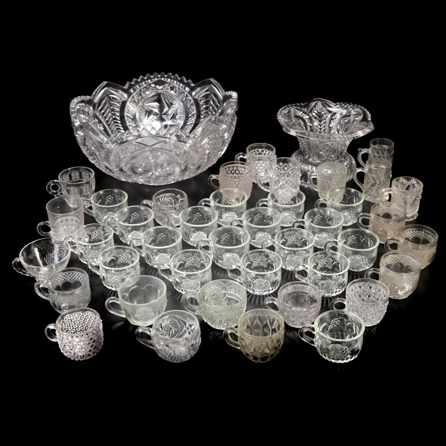 Early American Pattern Pressed Glass Punch Bowl and Cups, Late 19th Century
