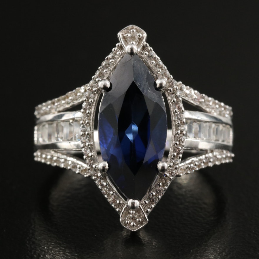 Sterling Sapphire Navette Halo Ring